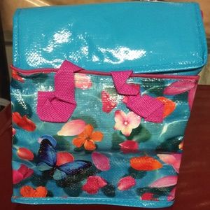 New Insulated Lunch Bag Cooler Bag Aqua Blue Pink Flowers Floral Back-to-school